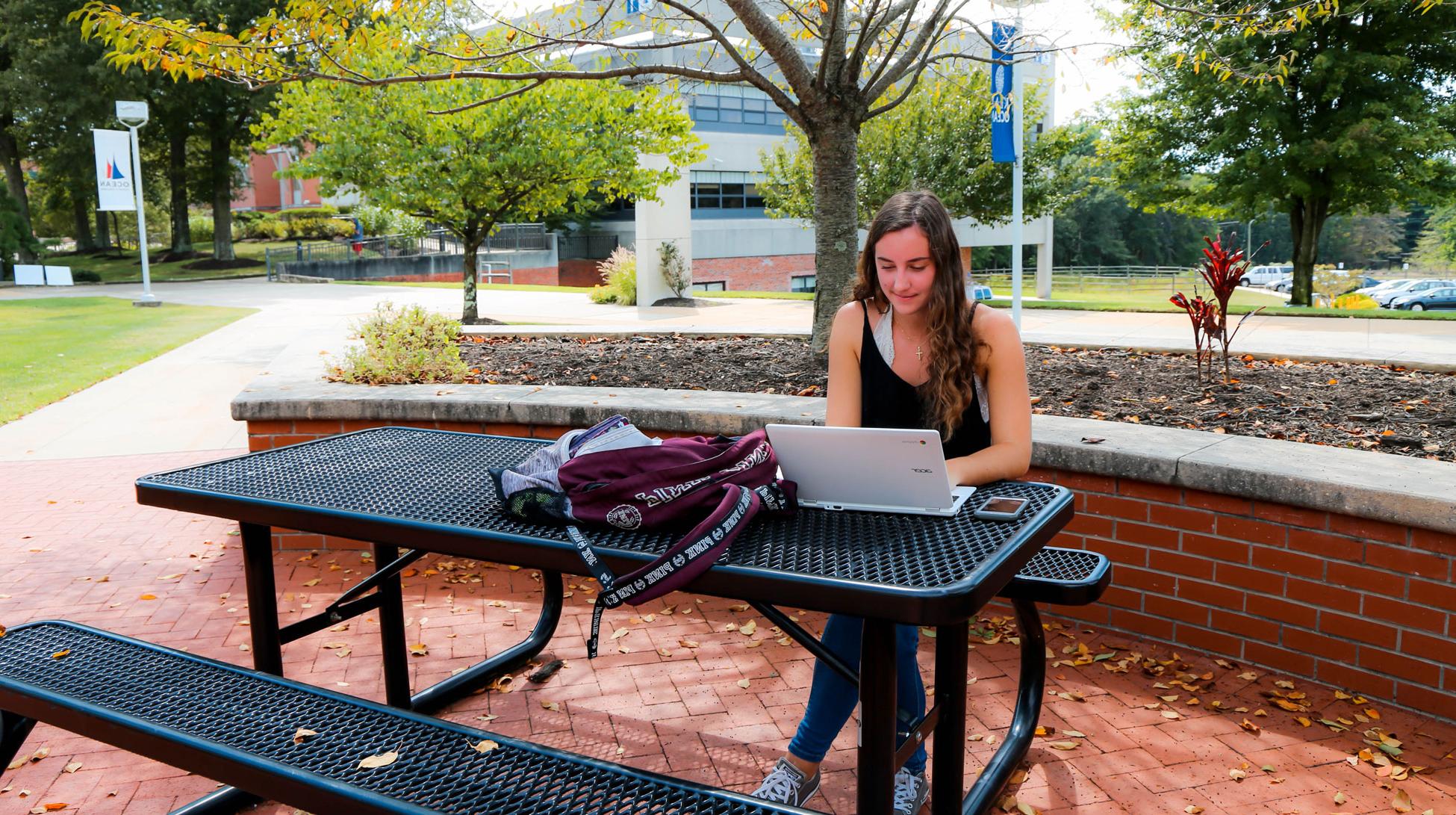 student sitting at a bench on campus using a laptop